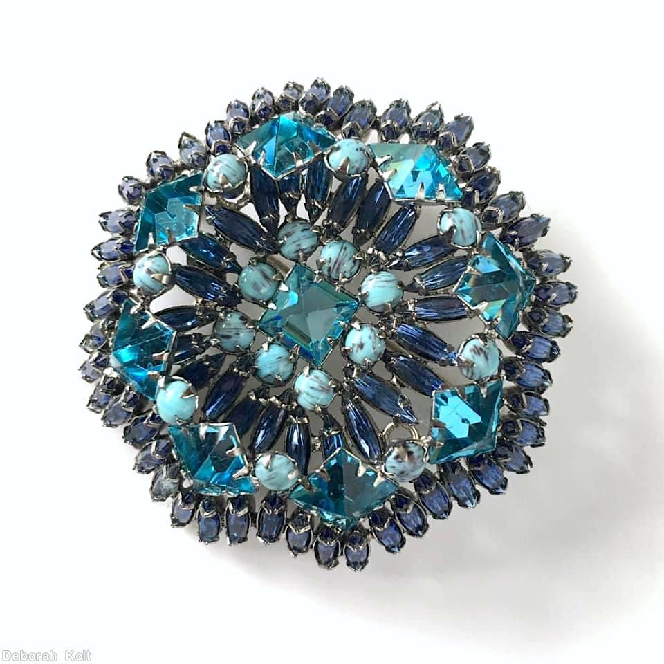 Schreiner navette side flat top radial domed round pin 8 square stone square center blue navette aqua faceted square turquoise small chaton silvertone jewelry
