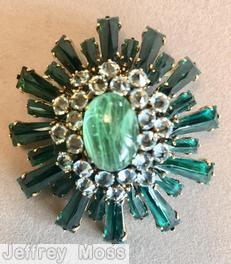Schreiner oval high domed keystone ruffle pin large oval center varied length keystone emerald keystone 2 rounds inverted ice blue stone marbled green large oval cab center jewelry