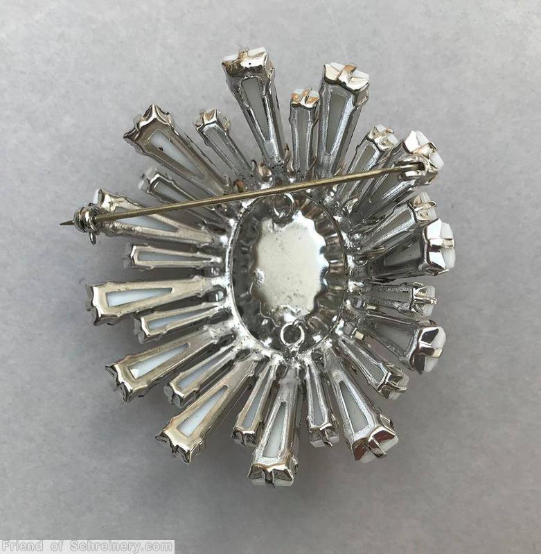 Schreiner oval high domed keystone ruffle pin large oval center varied length keystone white keystone 1 round inverted ice brown stone brown large oval cab center silvertone jewelry