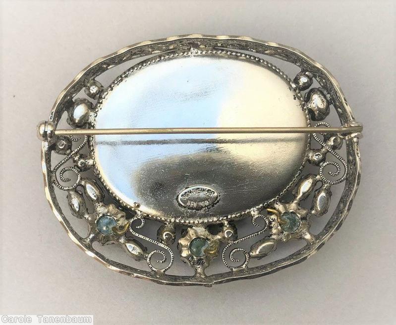Schreiner oval shadow box pin 1 large oval stone 3 round cab 4 scrollwork speckled marina blue emerald crystal jewelry