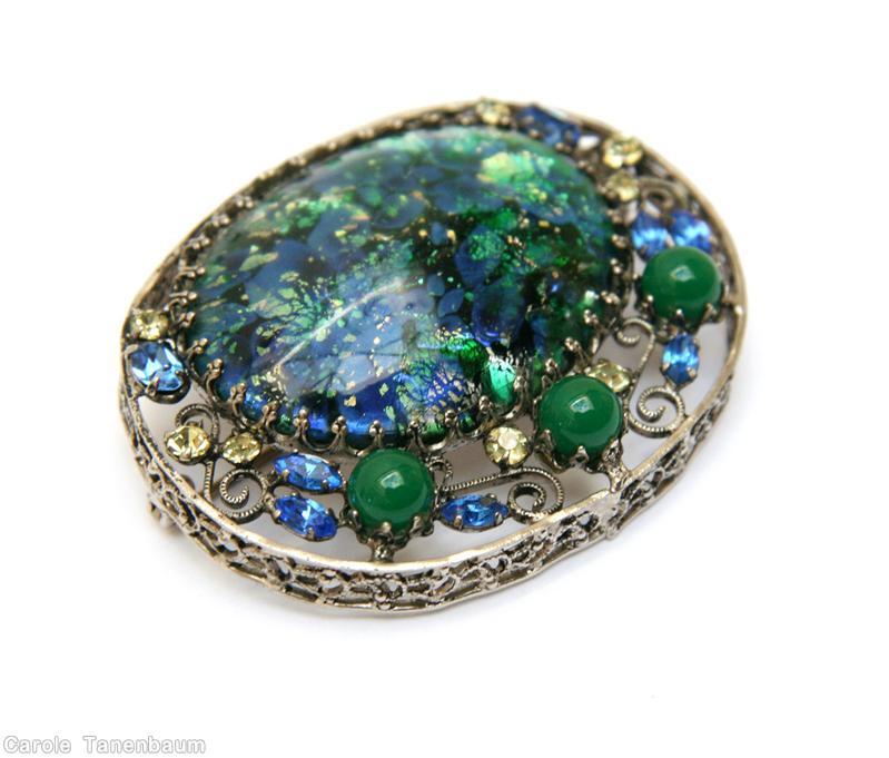 Schreiner oval shadow box pin 1 large oval stone 3 round cab 4 scrollwork speckled marina blue emerald crystal jewelry