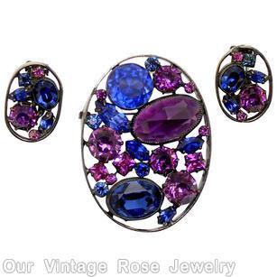 Schreiner oval shadow box pin 3 large stone marina faceted chaton purple rose cut oval stone jewelry