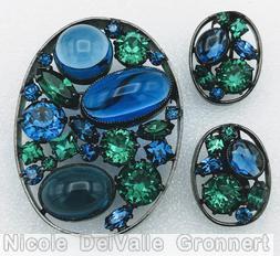 Schreiner oval shadow box pin 3 large stone navy smoke blue emerald marina blue jewelry