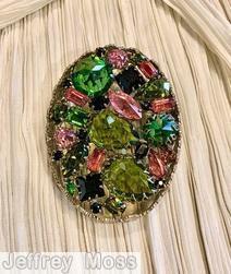 Schreiner oval shadow box pin 3 large stone pink peridot green jet silvertone jewelry