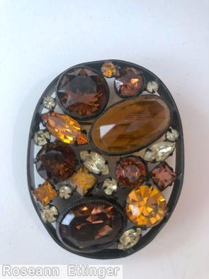 Schreiner oval shadow box pin 3 large stone topaz large faceted oval stone champagne navette brown gunmetal jewelry
