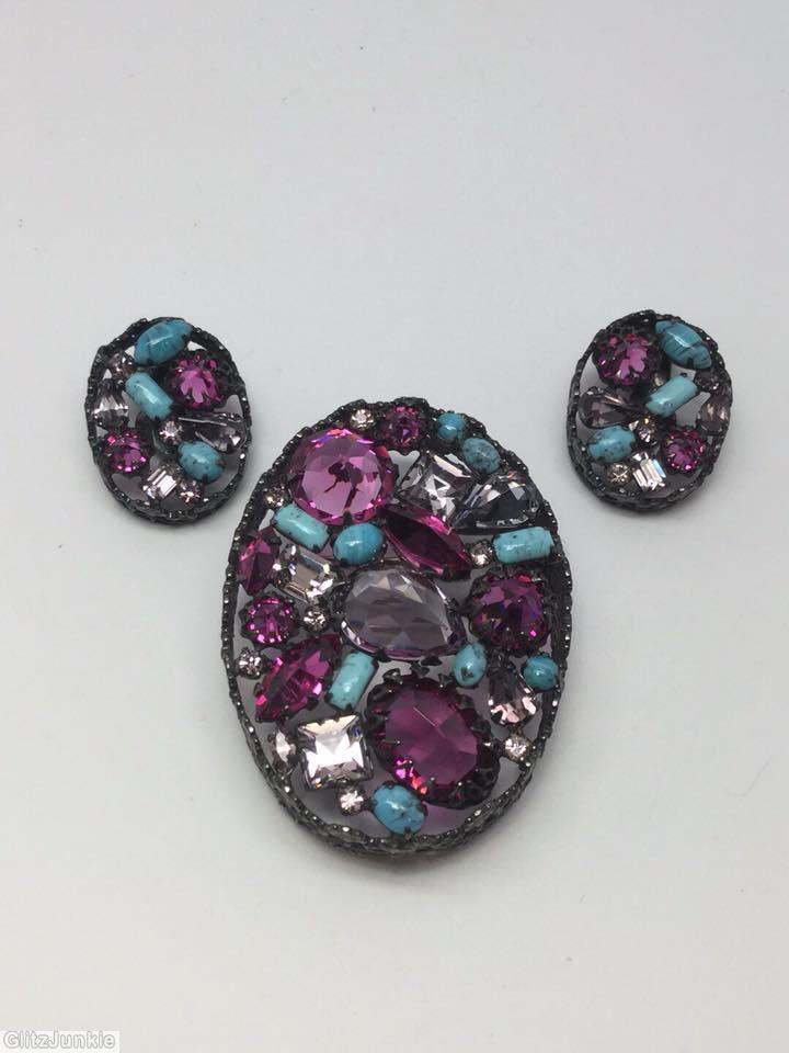 Schreiner oval shadow box pin 3 large stone turquoise purple crystal japanned jewelry