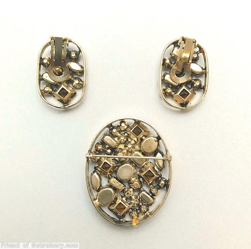 Schreiner oval shadow box pin 4 square stone brown square stone ice blue carnelian chaton crystal jewelry