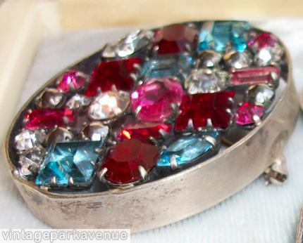 Schreiner oval shadow box pin 4 square stone ruby ice aqua crystal fuchsia jewelry
