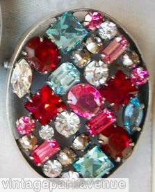 Schreiner oval shadow box pin 4 square stone ruby ice aqua crystal fuchsia jewelry