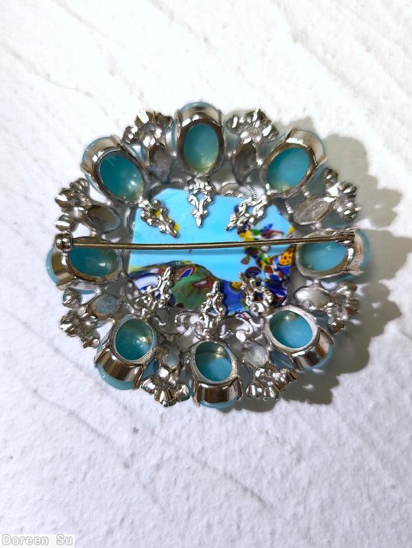 Schreiner oval shaped radial domed millefiori pin filigree 8 oval cab 8 navette large oval center millefiori moonglow aqua large oval cab opaque baby blue navette peking glass small chaton blue fillefiori silvertone jewelry