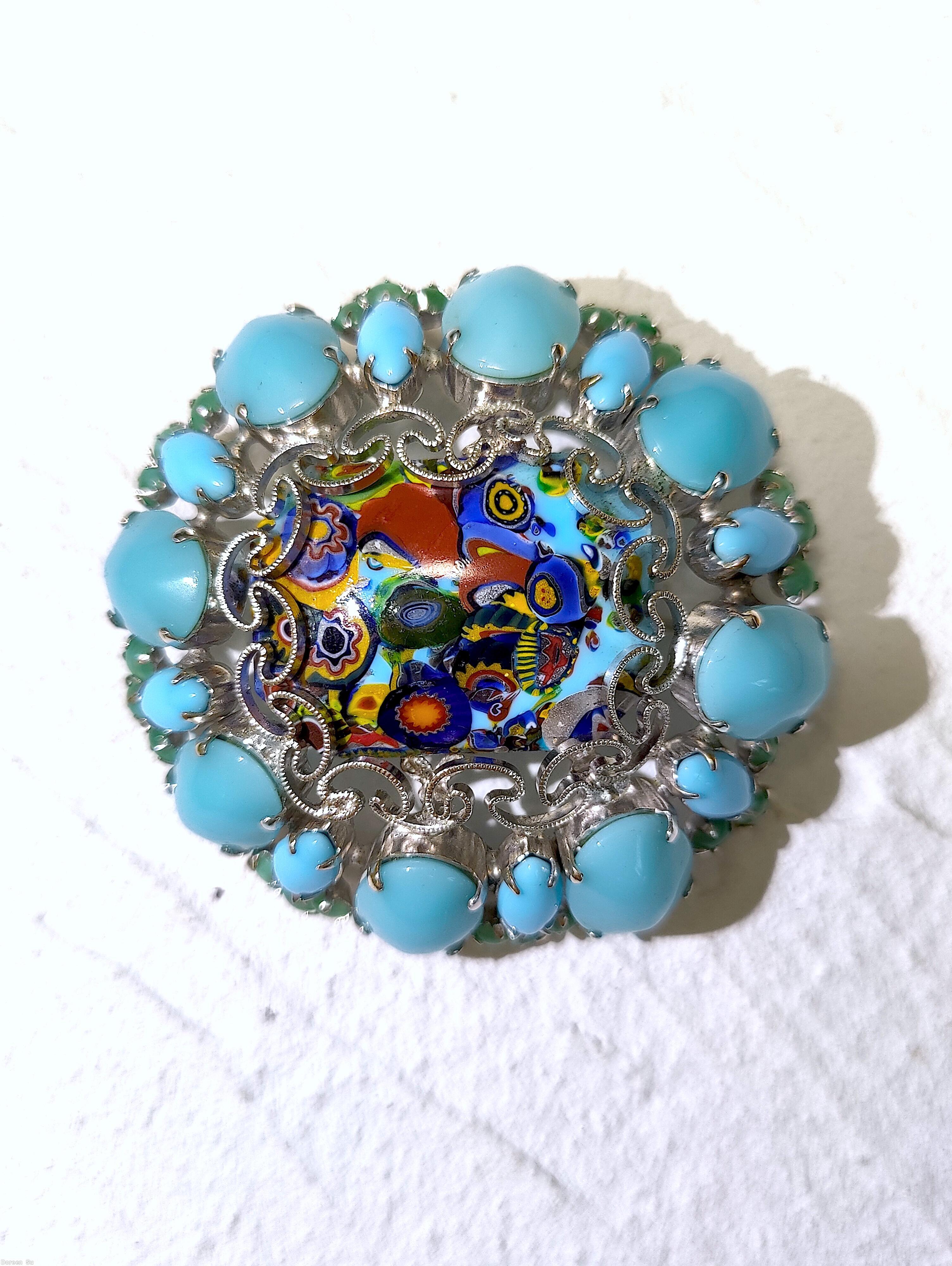 Schreiner oval shaped radial domed millefiori pin filigree 8 oval cab 8 navette large oval center millefiori moonglow aqua large oval cab opaque baby blue navette peking glass small chaton blue fillefiori silvertone jewelry