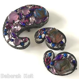 Schreiner paisley shadow box pin 3 large baguette bicolor marbled purple green purple lavender crystal pink fluss lapis jewelry