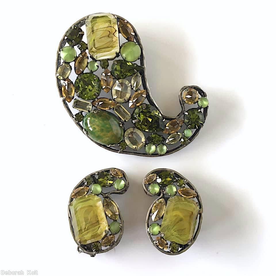Schreiner paisley shadow box pin 3 large baguette marbled green emerald moonglow apple green champagne faceted oval stone topaz navette jewelry