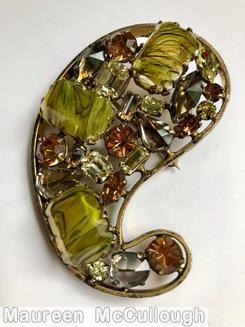 Schreiner paisley shadow box pin 3 large baguette marbled green amber smoke peridot jewelry