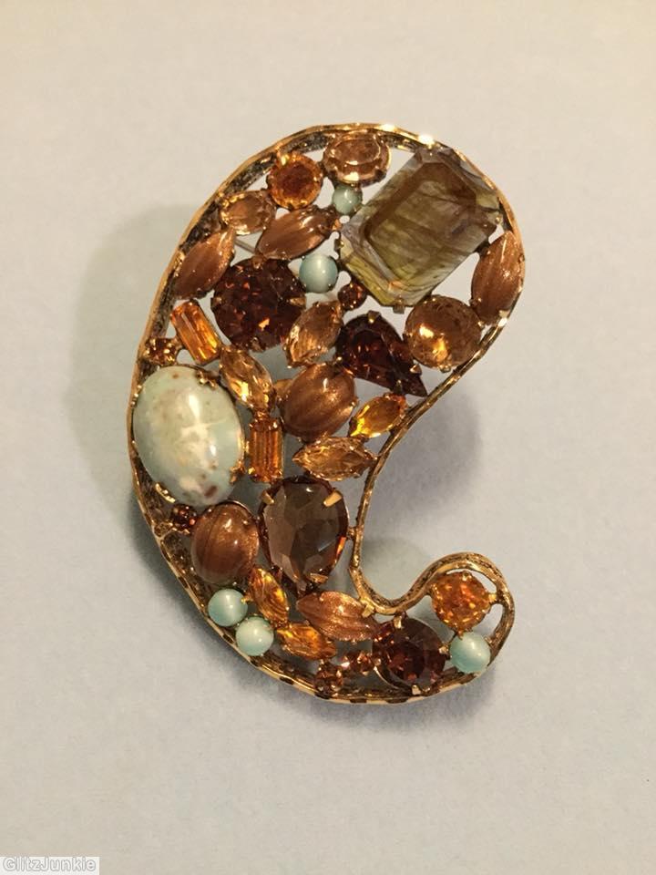 Schreiner paisley shadow box pin 3 large baguette moonglow aqua amber gold fluss brown marbled smoke jewelry