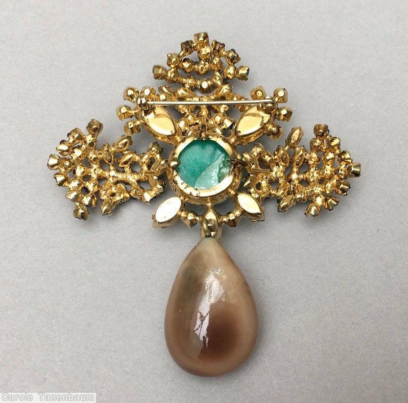 Schreiner radial 3 branch top down 1 dangle pin large chaton center marbled emerald large chaton marina moonglow green clear ice blue green lavender tone teardrop jewelry