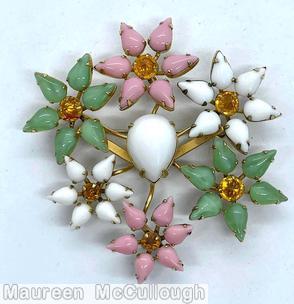 Schreiner radial 6 flower pin each flower 6 teardrop large teardrop center milk white opaque pink opaque apple green amber inverted chaton goldtone jewelry