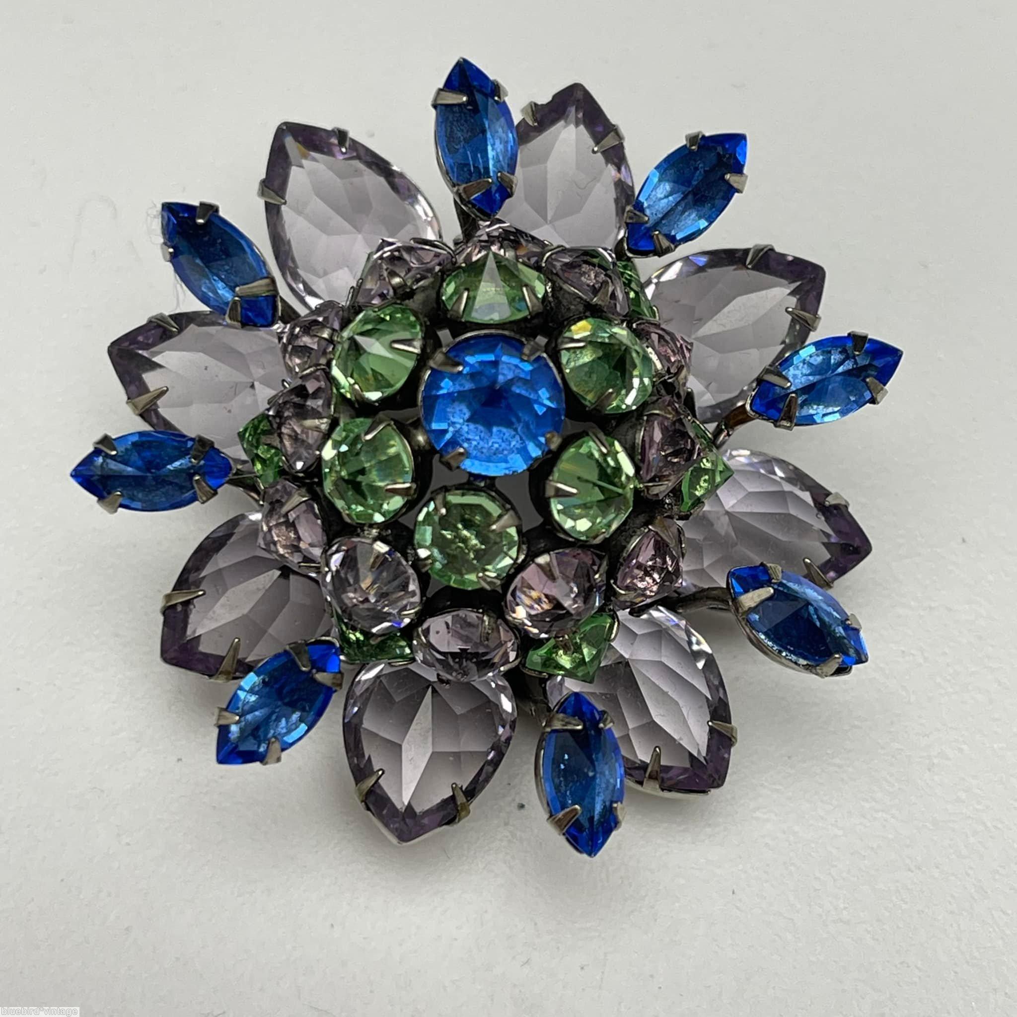 Schreiner radial 8 large teardrop with large clustered center ball of inverted stone 8 single navette little branch ball with 3 level pale lavender clear faceted large teardrop royal blue faceted navette apple green inverted silvertone jewelry