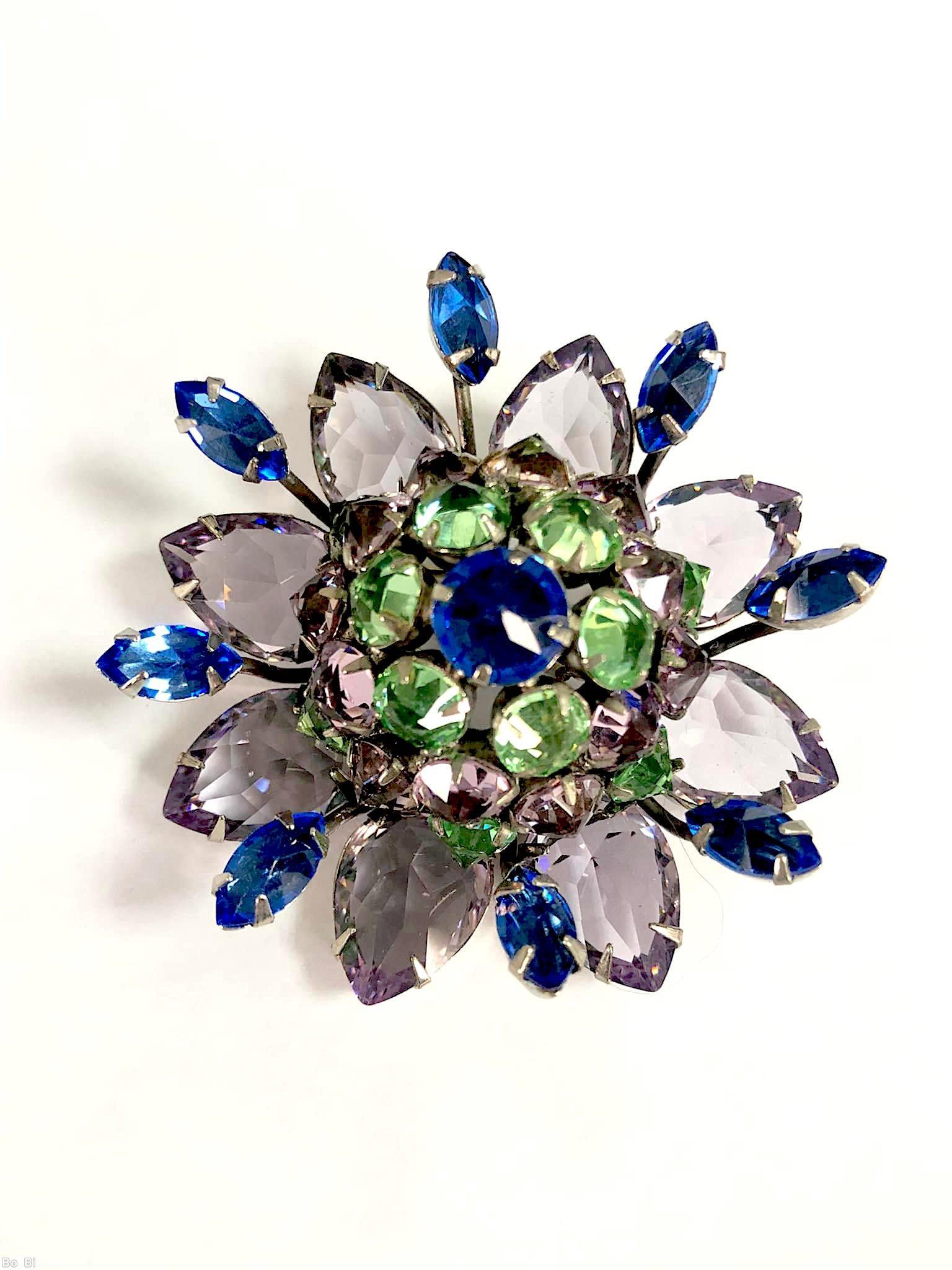 Schreiner radial 8 large teardrop with large clustered center ball of inverted stone 8 single navette little branch ball with 3 level pale lavender clear faceted large teardrop royal blue faceted navette apple green inverted silvertone jewelry