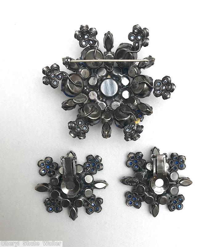 Schreiner radial domed hexagon pin 6 clustered flower 6 large chaton chaton center fuchsia ice blue inverted marina peach smoke jewelry