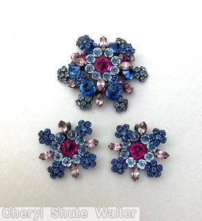 Schreiner radial domed hexagon pin 6 clustered flower 6 large chaton chaton center fuchsia ice blue inverted marina peach smoke jewelry