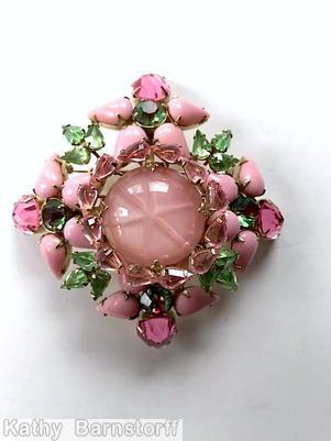 Schreiner radial domed pin 4 flower with 5 varied size teardrop petal small chaton center large round cab center 4 small 3 leaf branch opaque pink teardrop apple green small teardrop pink peach center large round cab jewelry