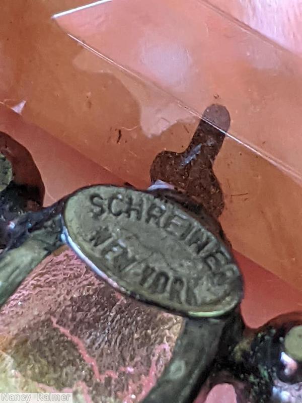 Schreiner radial rectangle pin 1 large rectangle faceted crystal center 8 oral cab 8 small surrounding small chaton large peach open back clear rectangle faceted center pink art glass cab peridot chaton faux pearl fuschia small chaton jewelry