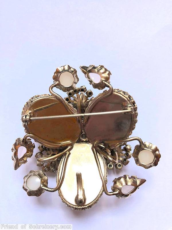 Schreiner radial triangle pin 3 large oval cab 3 clustered flower gold fluss aqua large oval cab moonglow white crystal jewelry