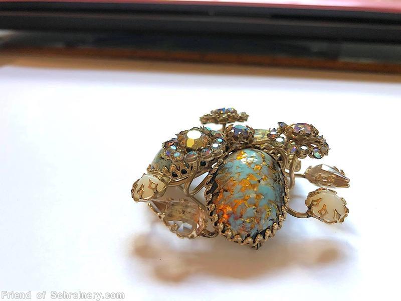 Schreiner radial triangle pin 3 large oval cab 3 clustered flower gold fluss aqua large oval cab moonglow white crystal jewelry