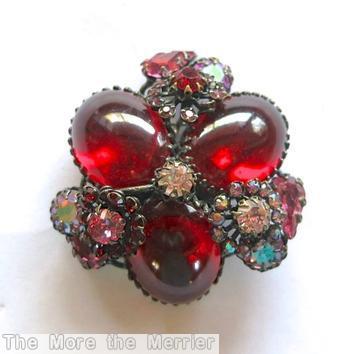 Schreiner radial triangle pin 3 large oval cab 3 clustered flower ruby ab pink jewelry