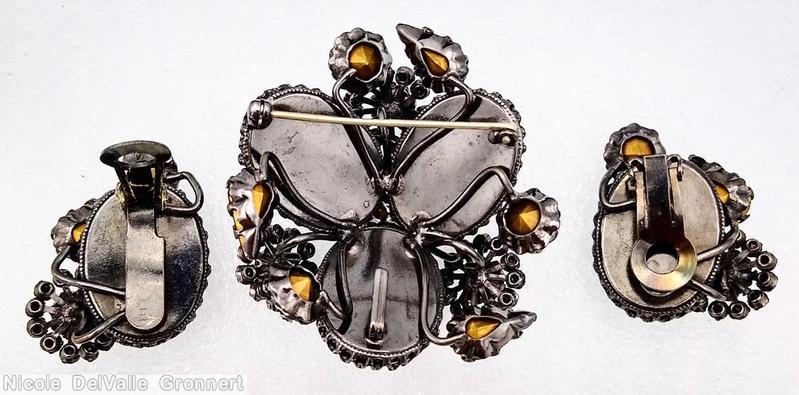 Schreiner radial triangle pin 3 large oval cab 3 clustered flower wine rose cut large oval stone oliveine chaton fuschia topaz faceted teardrop blue ice blue ice pink jewelry