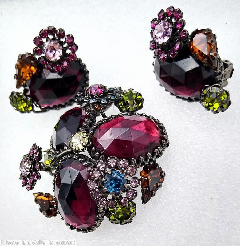 Schreiner radial triangle pin 3 large oval cab 3 clustered flower wine rose cut large oval stone oliveine chaton fuschia topaz faceted teardrop blue ice blue ice pink jewelry