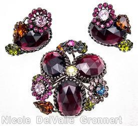 Schreiner radial triangle pin 3 large oval cab 3 clustered flower wine rose cut large oval stone oliveine chaton fuschia topaz faceted teardrop blue ice blue ice pink jewelry