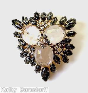 Schreiner radial triangle pin 3 large oval cab 4 clustered flower bordered rose cut crystal large oval stone gold speckled jet navette goldtone jewelry