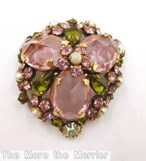 Schreiner radial triangle pin 3 large oval cab bordered pink faceted faux pearl peridot ab jewelry