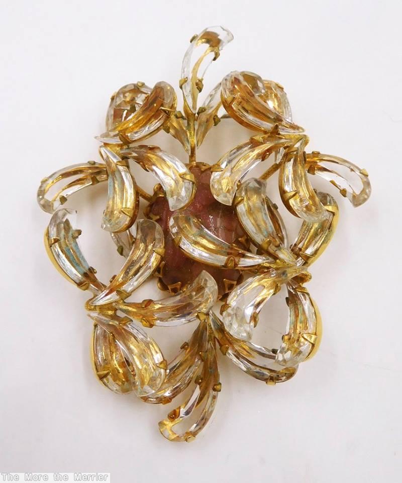 Schreiner random arranged top 2 level pin large oval center bottom crystal comma stone carnelian oval goldtone jewelry