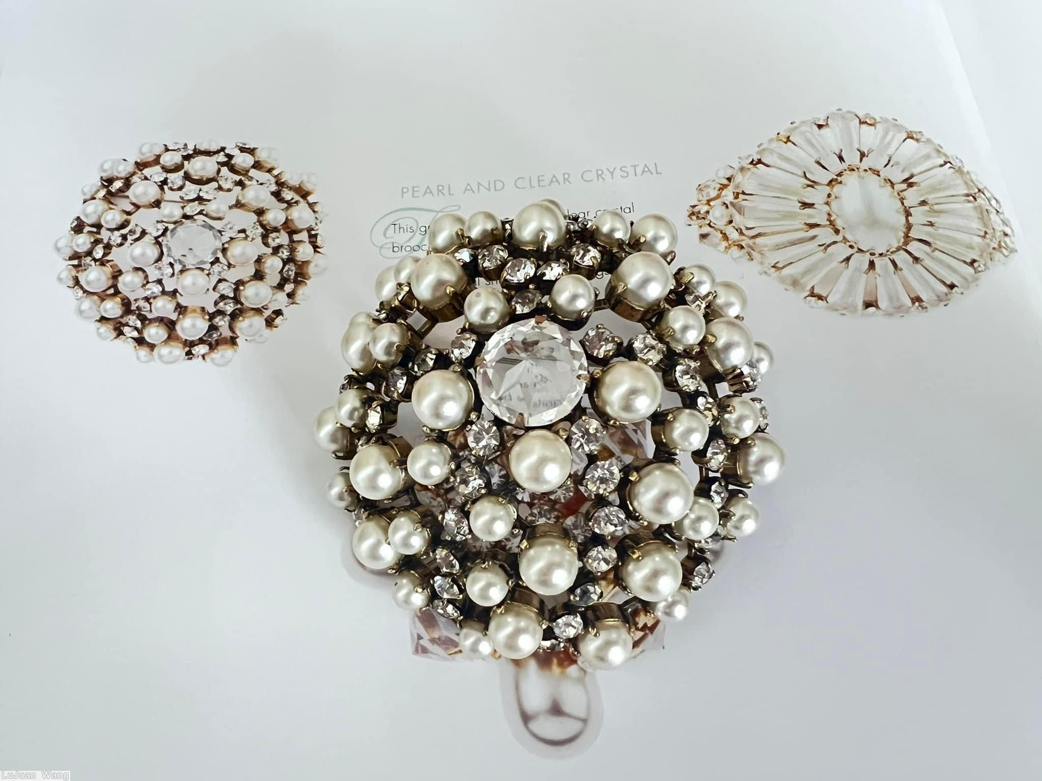 Schreiner round domed radial pin round chaton stone center surrounding 5 faux pearl 5 small chaton layers of faux pearls chatons faux pearl crystal goldtone jewelry