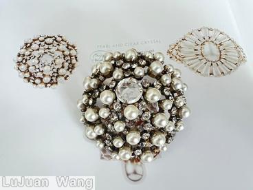 Schreiner round domed radial pin round chaton stone center surrounding 5 faux pearl 5 small chaton layers of faux pearls chatons faux pearl crystal goldtone jewelry