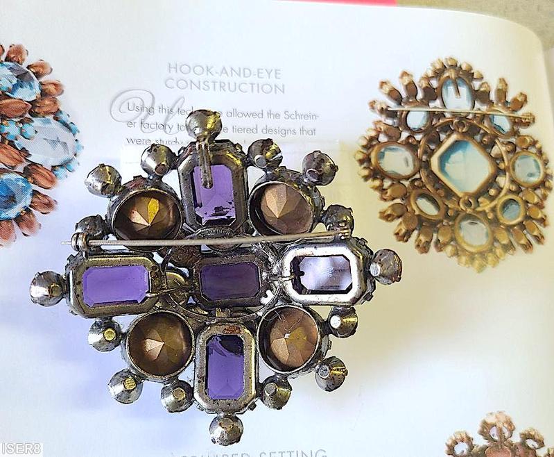 Schreiner round domed radical pin large emerald cut center 4 large surrounding chaton 4 surrounding emerald cut total 5 large emeral cut purple large emerald cut ab chaton ice lavender emearld cut crystal small chaton jewelry