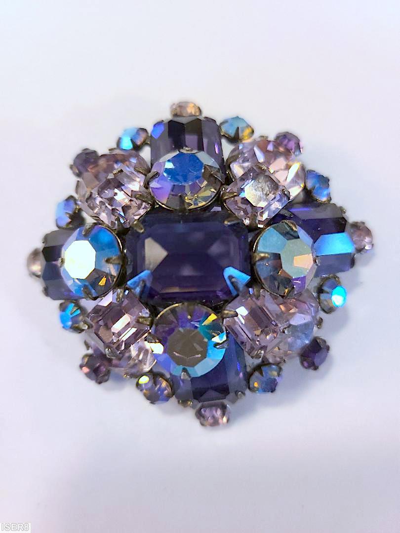 Schreiner round domed radical pin large emerald cut center 4 large surrounding chaton 4 surrounding emerald cut total 5 large emeral cut purple large emerald cut ab chaton ice lavender emearld cut crystal small chaton jewelry