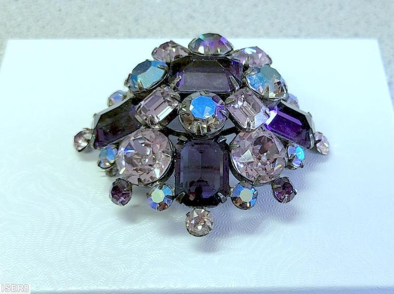 Schreiner round domed radical pin large emerald cut center 4 large surrounding chaton 4 surrounding emerald cut total 5 large emeral cut purple large emerald cut ab chaton ice lavender emearld cut crystal small chaton jewelry