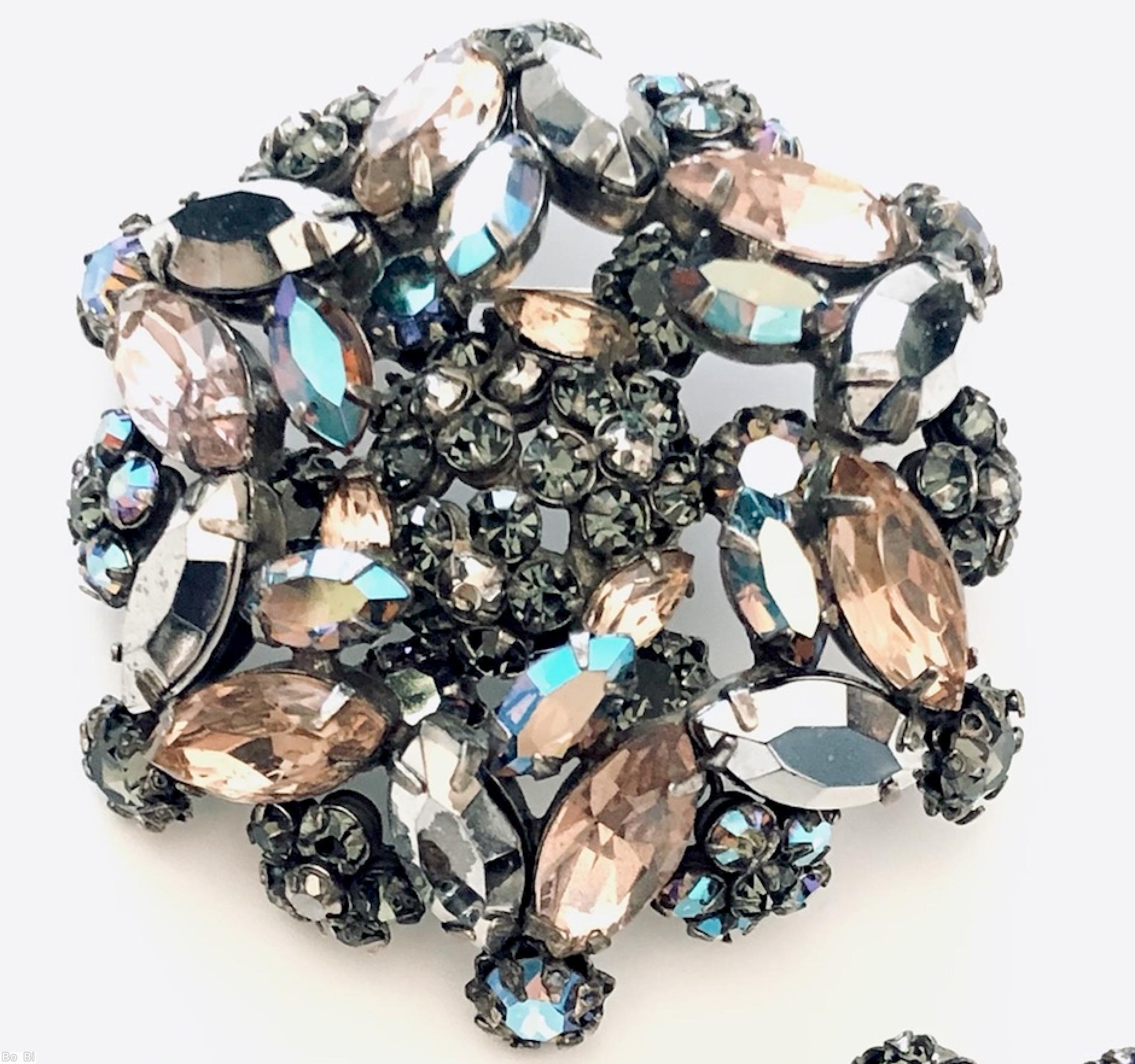 Schreiner round domed redial concave pin clustered ball center 12 large navette side 6 flower head large navette topaz smoky small chaton silver metalic faceted large navette silvertone jewelry