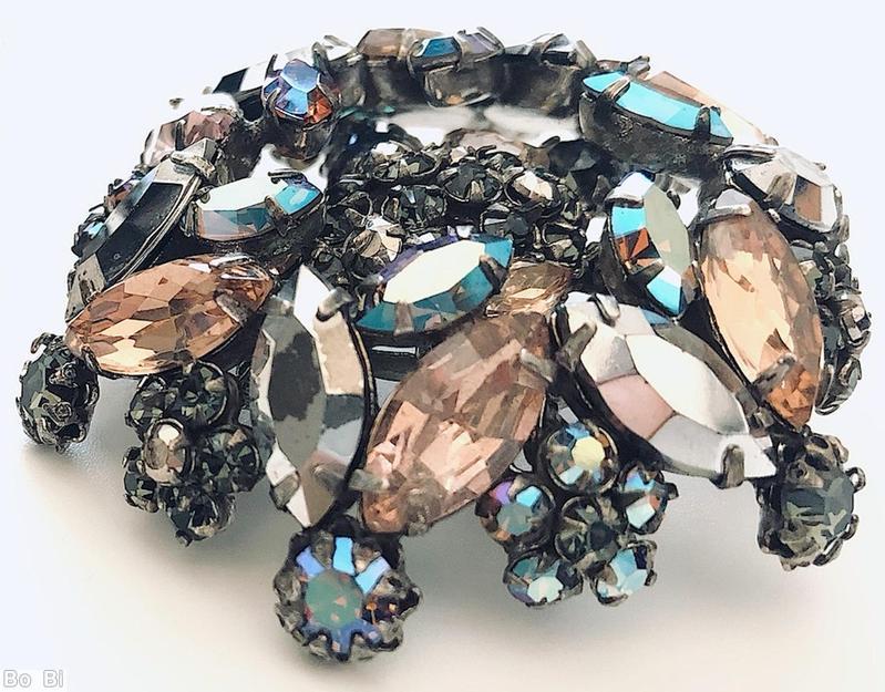 Schreiner round domed redial concave pin clustered ball center 12 large navette side 6 flower head large navette topaz smoky small chaton silver metalic faceted large navette silvertone jewelry