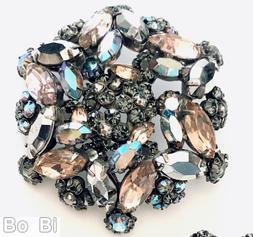 Schreiner round domed redial concave pin clustered ball center 12 large navette side 6 flower head large navette topaz smoky small chaton silver metalic faceted large navette silvertone jewelry