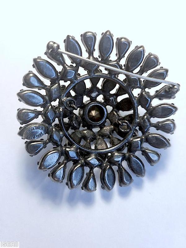 Schreiner round radial center domed pin chaton center 7 surrounding square stone small navette small teardrop crystal gunmetal jewelry