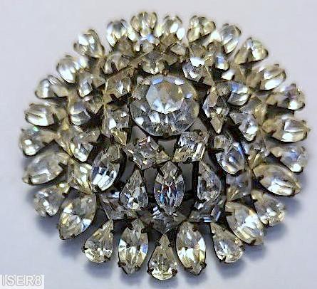 Schreiner round radial center domed pin chaton center 7 surrounding square stone small navette small teardrop crystal gunmetal jewelry