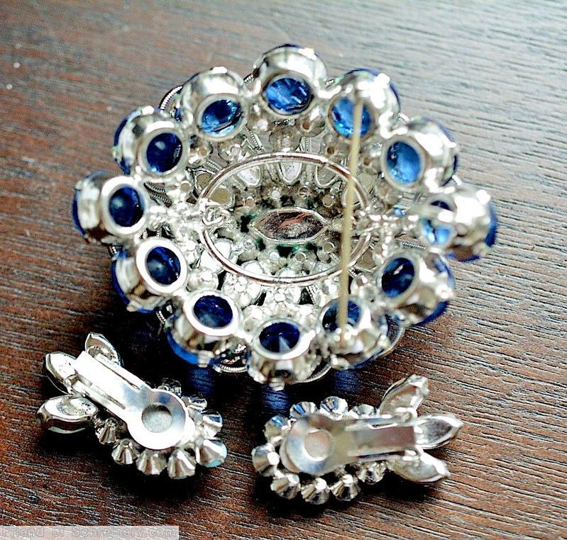 Schreiner scrollwork 2 level domed radial oval pin large navette center 10 surrounding stone 12 faceted blue chaton 12 venetian aqua navette 12 scrollwork blue navette center opaque blue small chaton silvertone jewelry