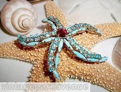 Schreiner sea star pin 5 branch 7 long navette 5 chaton small chaton center opaque baby blue long navette aqua crystal chaton goldtone jewelry