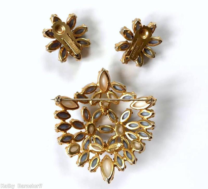 Schreiner shield shaped all navette domed pin opaque pale blue milkwhite goldtone jewelry