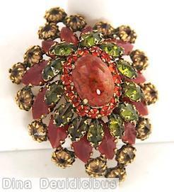 Schreiner shield shaped radial domed pin large oval center hook eye 4 rounds large navette marbled carnelian peridot coral inverted champagne jewelry